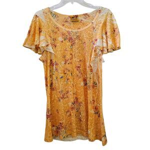 Suki Jones Yellow Floral Top L‎ Short Flare Sleeve Western Semi Sheer Y2K Boho